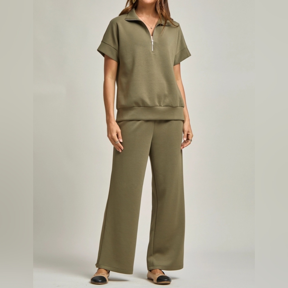 #66384 🚨 SALE 🛑S,L,XL MUST HAVE! Short Sleeve Quarter Zip+Pants Modal 2pc Set